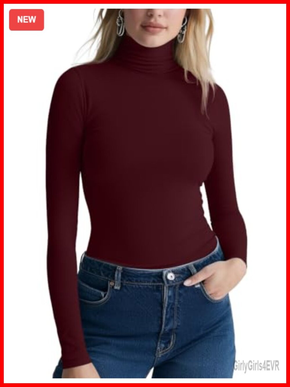 Women's Long Sleeve Turtleneck Tee Fitted Stretchy Jersey Top